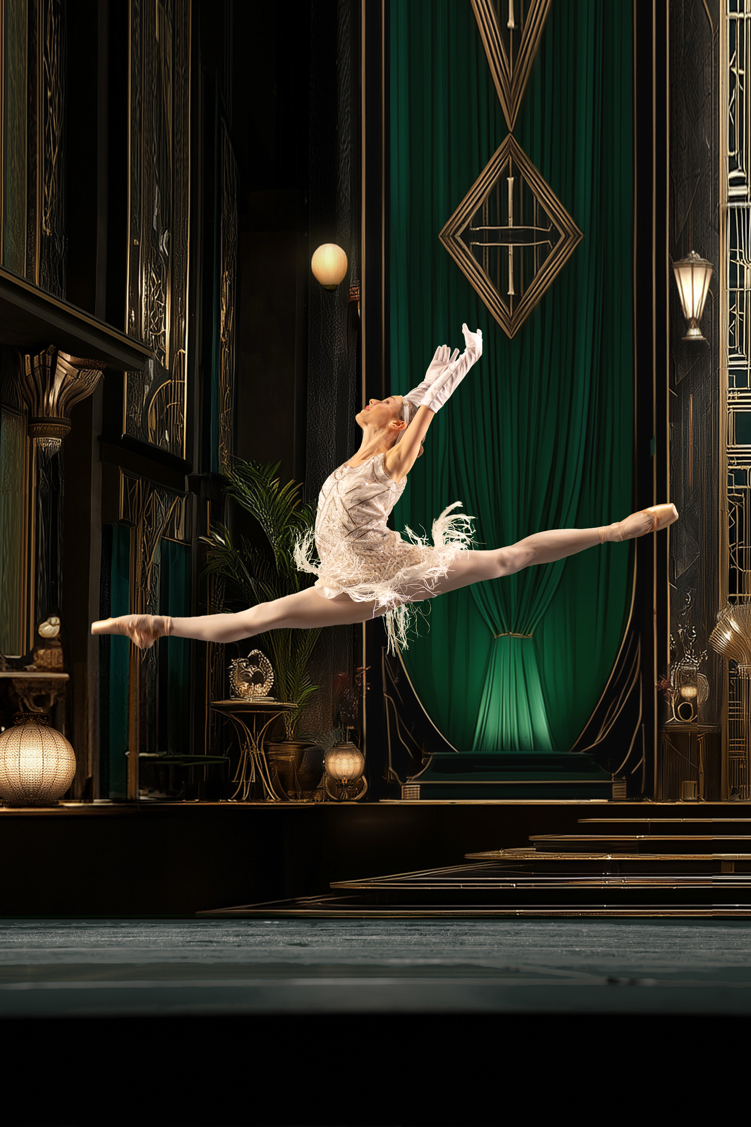 A ballet dancer performing a grand jeté on a stage with a luxurious, art deco style backdrop featuring gold accents and green curtains.