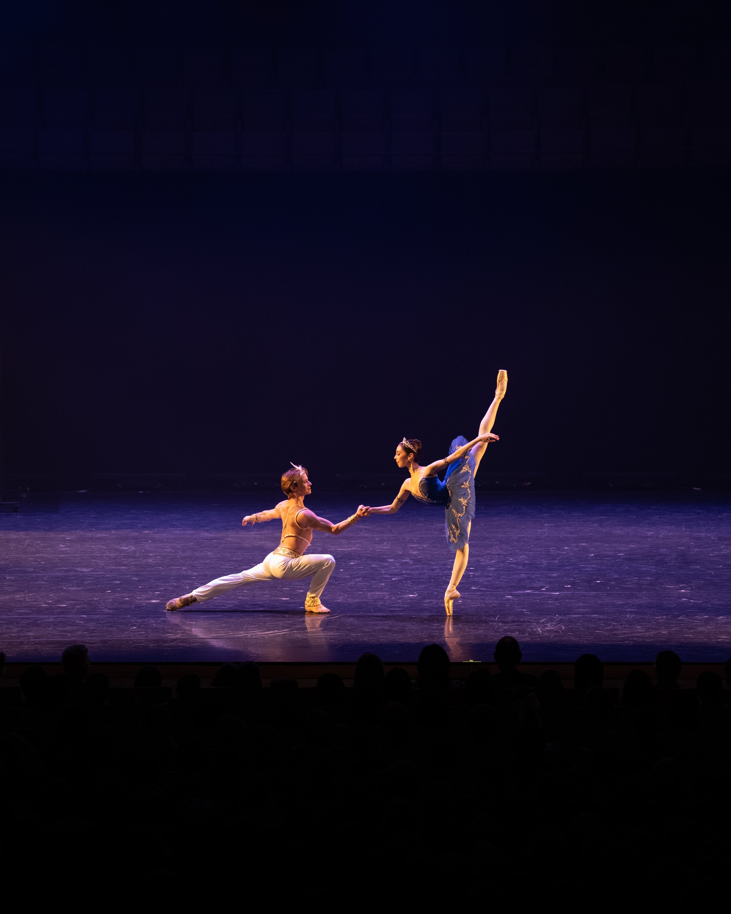 Two ballet dancers perform on a dark stage. One dancer is kneeling and holding the other's hand, who is standing and raising one leg above her head.