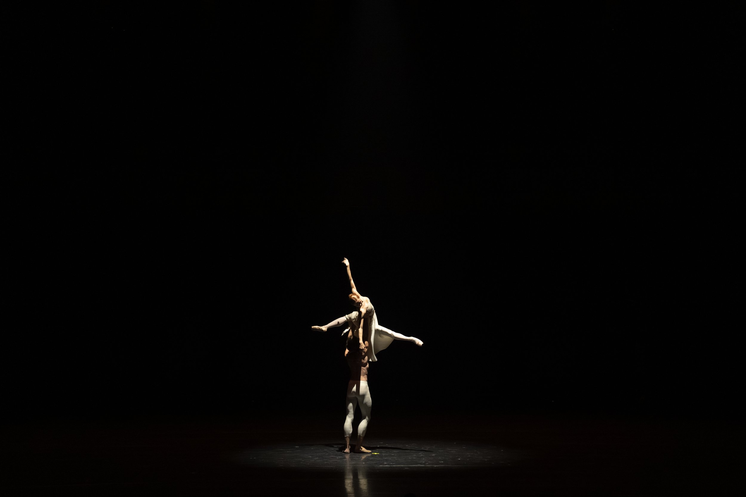 Two ballet dancers performing a lift on stage, one dancer supporting the other in an elegant pose, under a spotlight against a dark background.