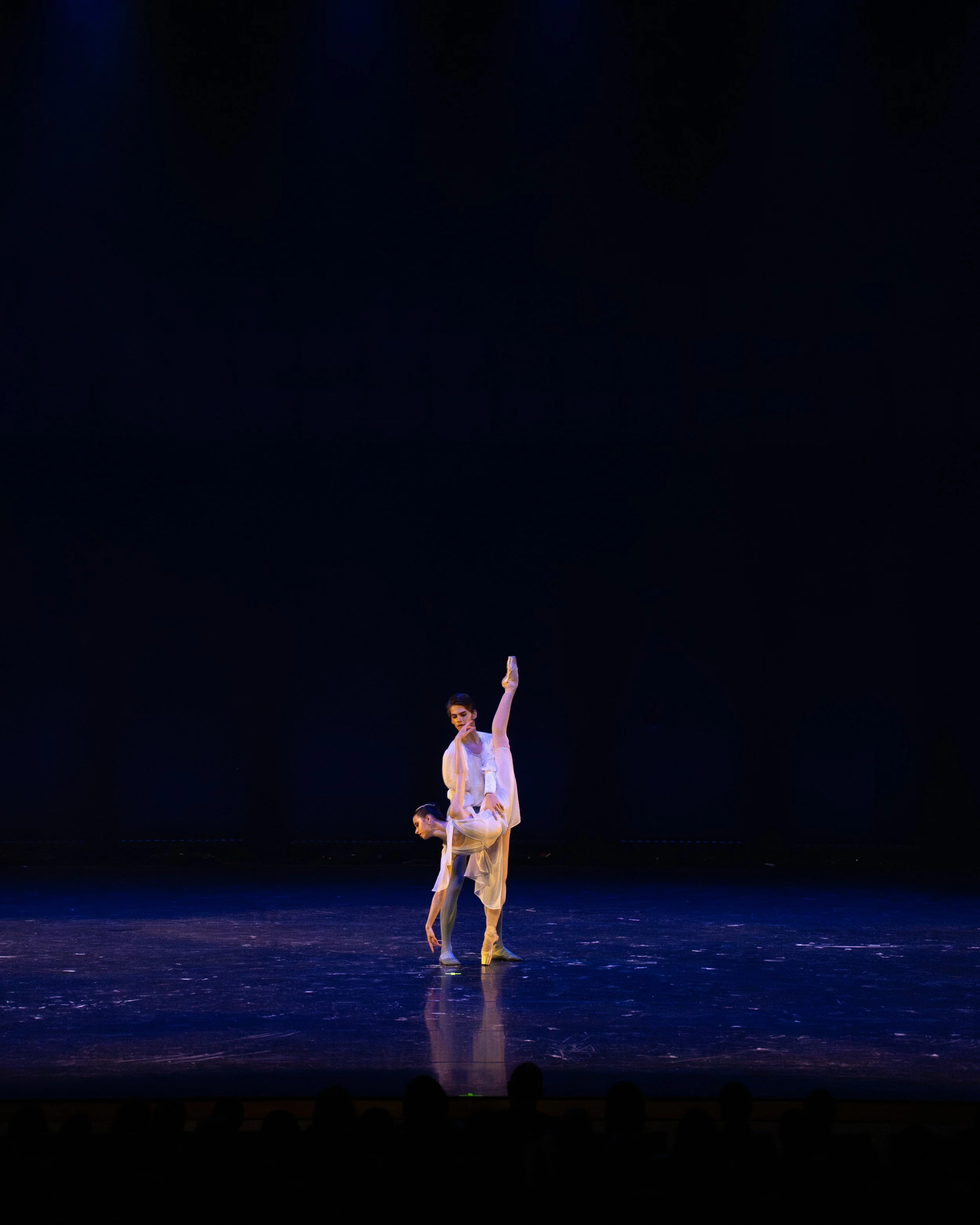 Two ballet dancers perform on a dark stage with a black background. One dancer stands on her tiptoes while the other lifts her in a balanced pose. Both wear light-colored costumes, and the scene is illuminated by stage lighting.