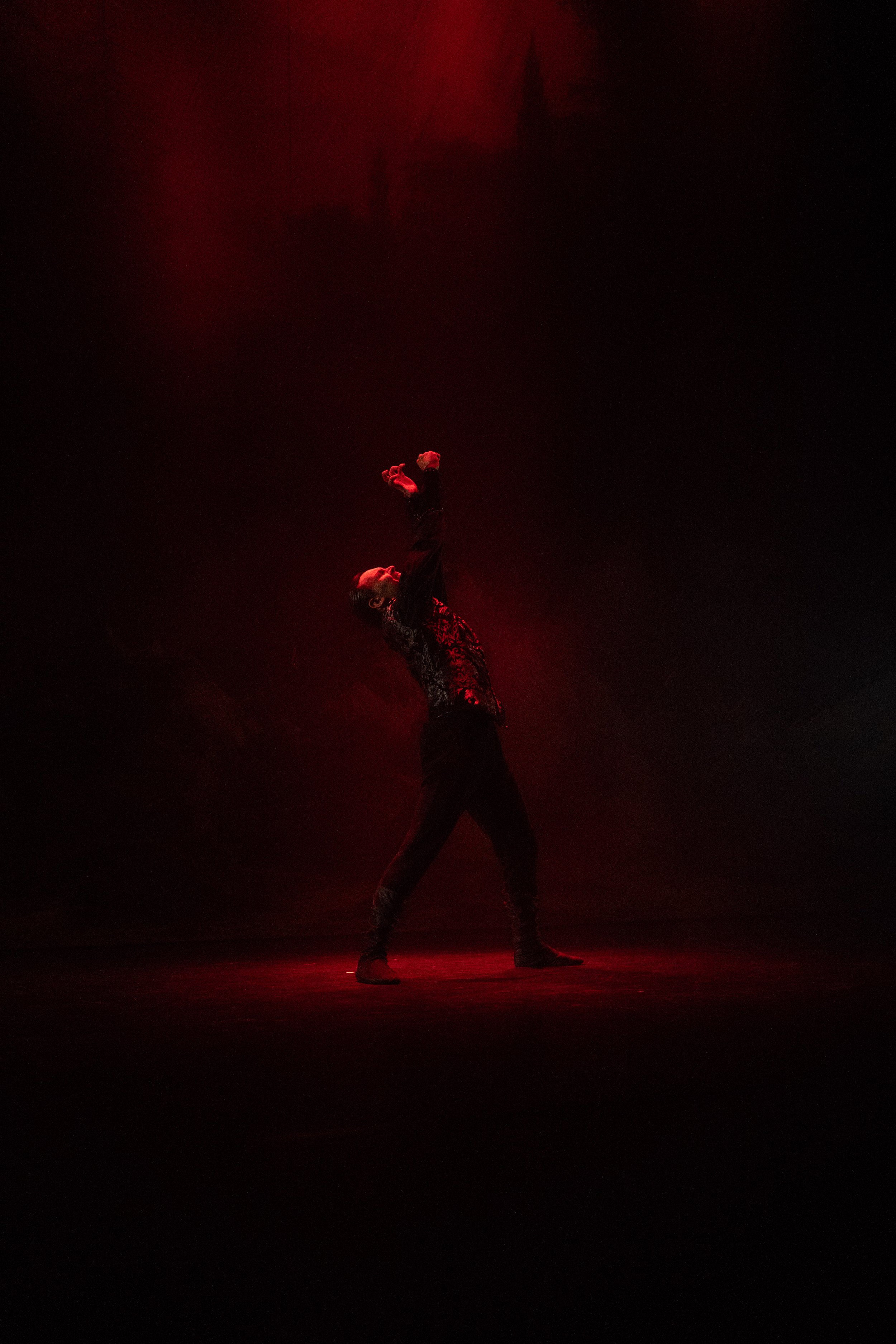 A dancer performs on stage with red lighting highlighting their figure, wearing black patterned clothing, in a dramatic pose with one arm raised.