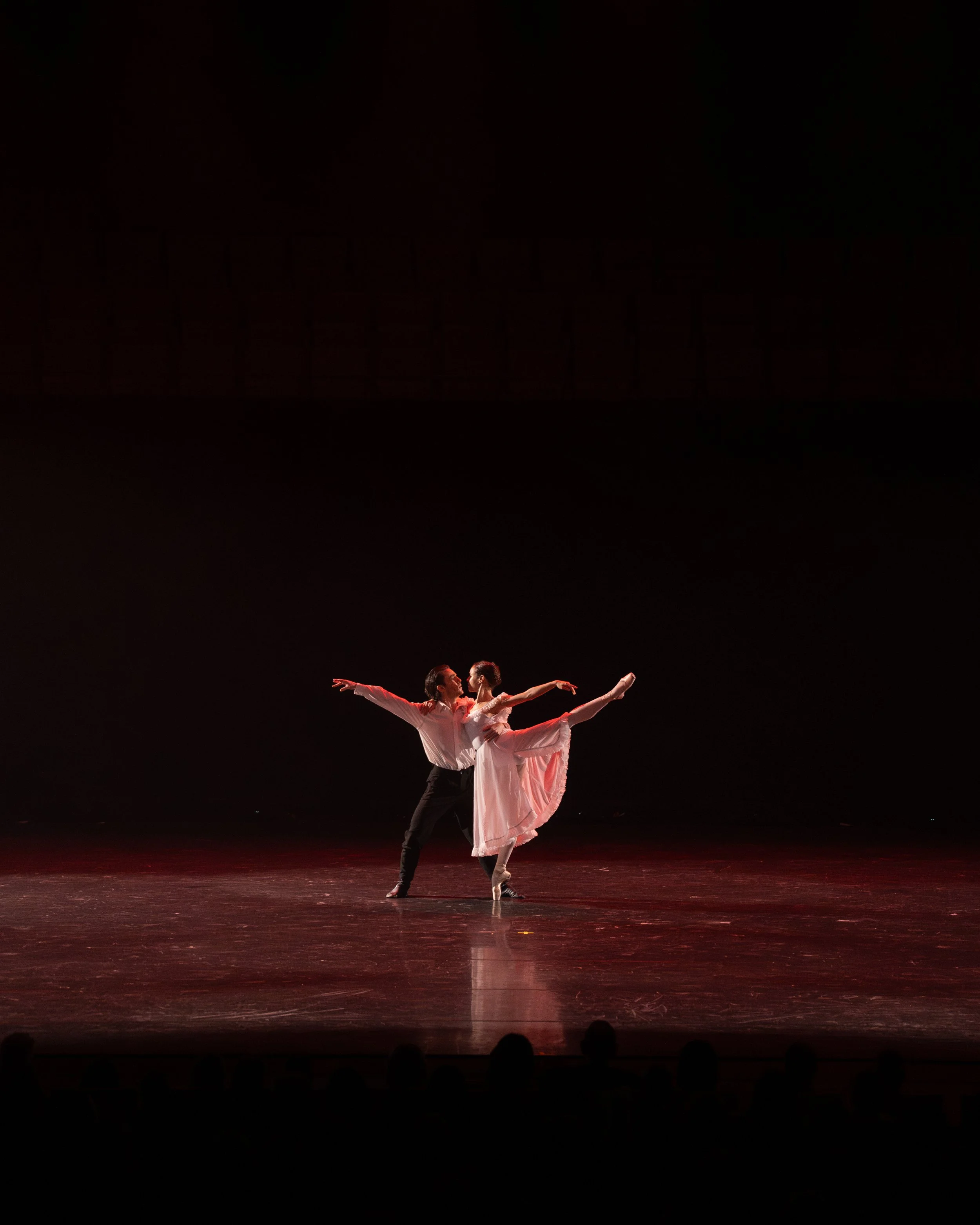 Two ballet dancers, a man and a woman, performing on stage with a dark background and red lighting on the floor.