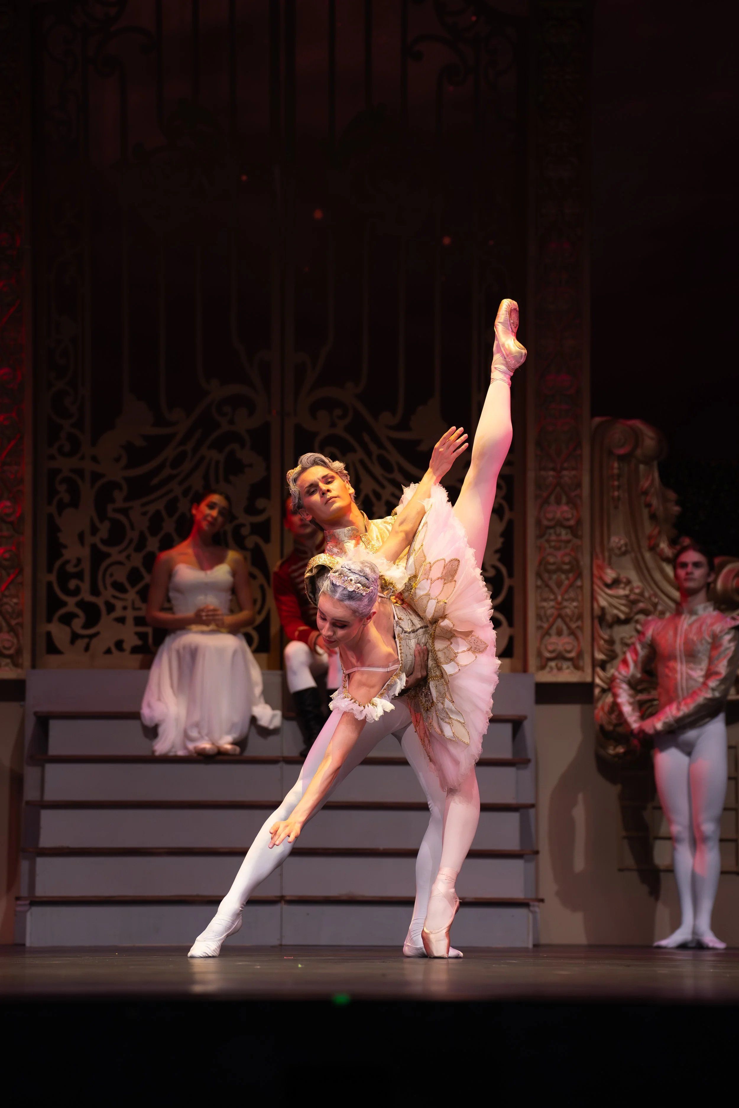 Ballet dancers performing on stage with ornate backdrop, with one dancer in the foreground executing an extended leg position, wearing a pink tutu and pointe shoes, and others watching behind her.