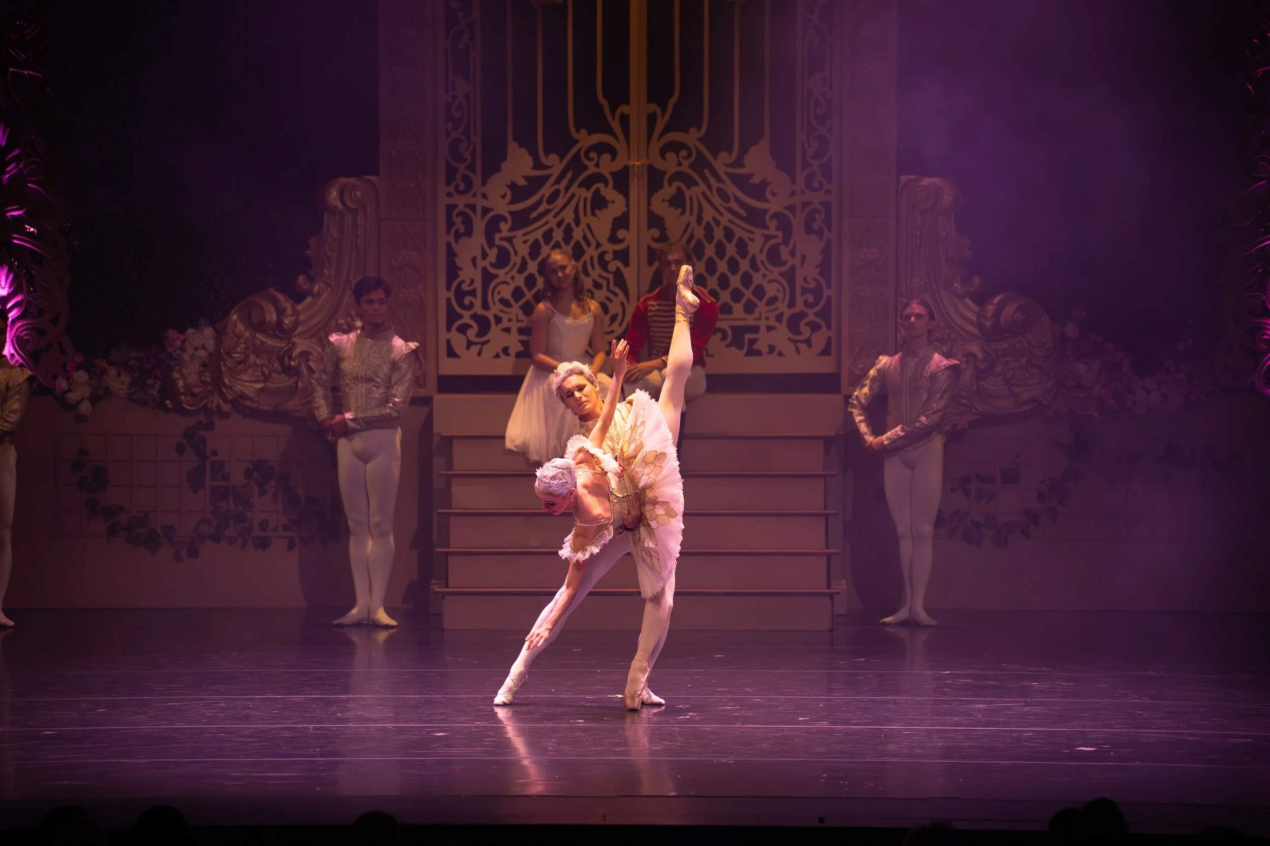A ballerina in a pink tutu dancing on stage with her leg extended and arms gracefully positioned, surrounded by other dancers in elaborate costumes, on a stage with ornate backdrop and purple lighting.