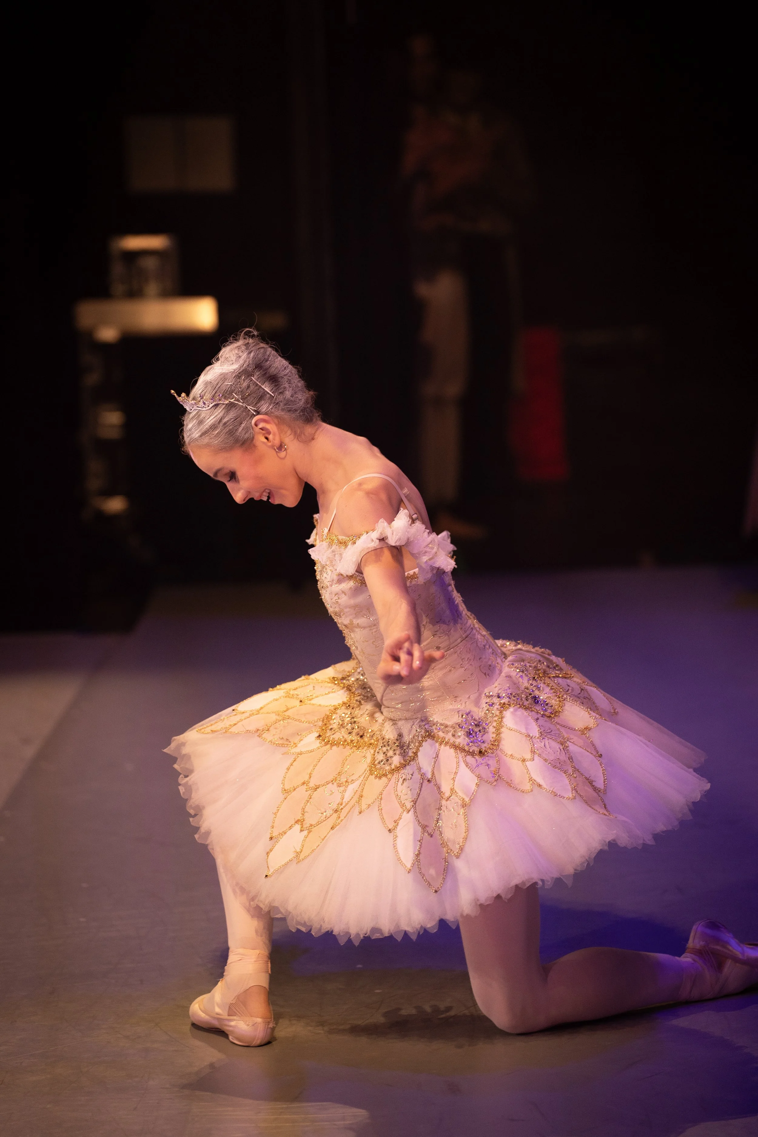 Ballerina kneeling on stage, wearing a pink and gold tutu, with vintage hairstyle and a crown.
