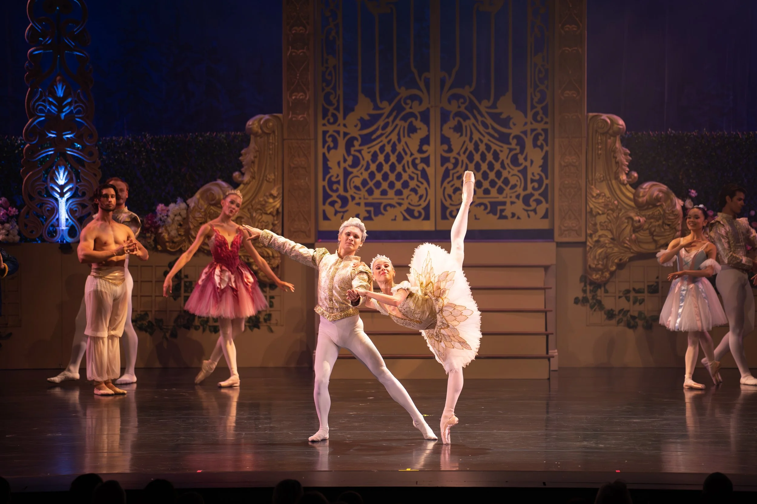 Ballet dancers performing on stage with ornate golden and purple set design, some dancers in tutus and others in classical costumes.