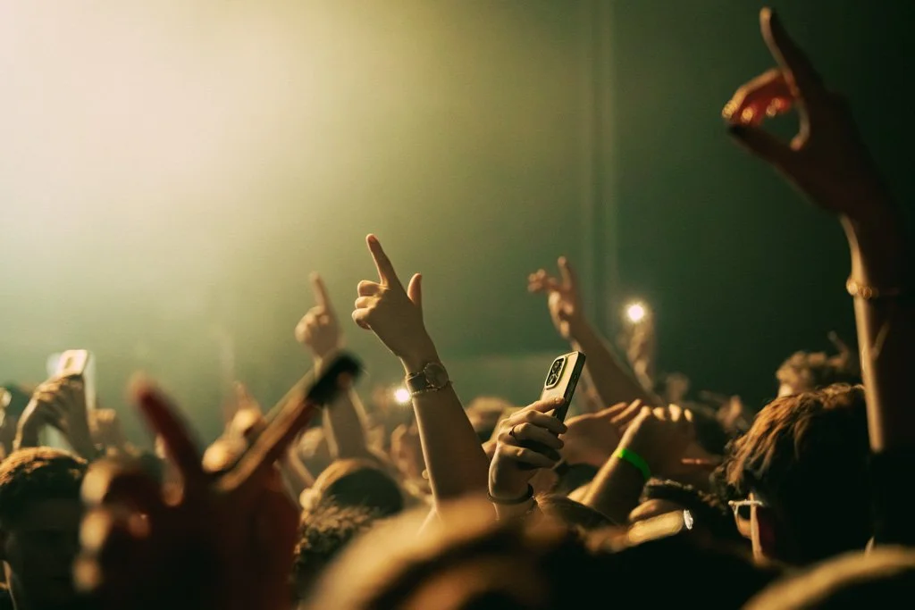 Menschen auf einem Konzert, die Hände in die Luft halten, einige halten Handys hoch.