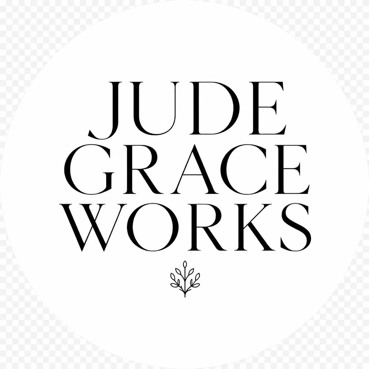 Jude Grace Works circular logo with black serif lettering and a small botanical symbol.