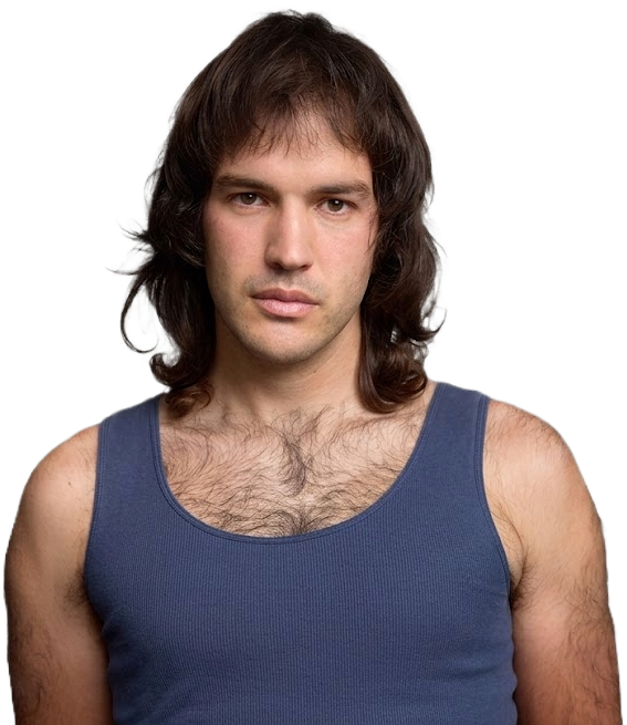 A man with shoulder-length brown hair wearing a blue tank top, looking directly at the camera against a black background.