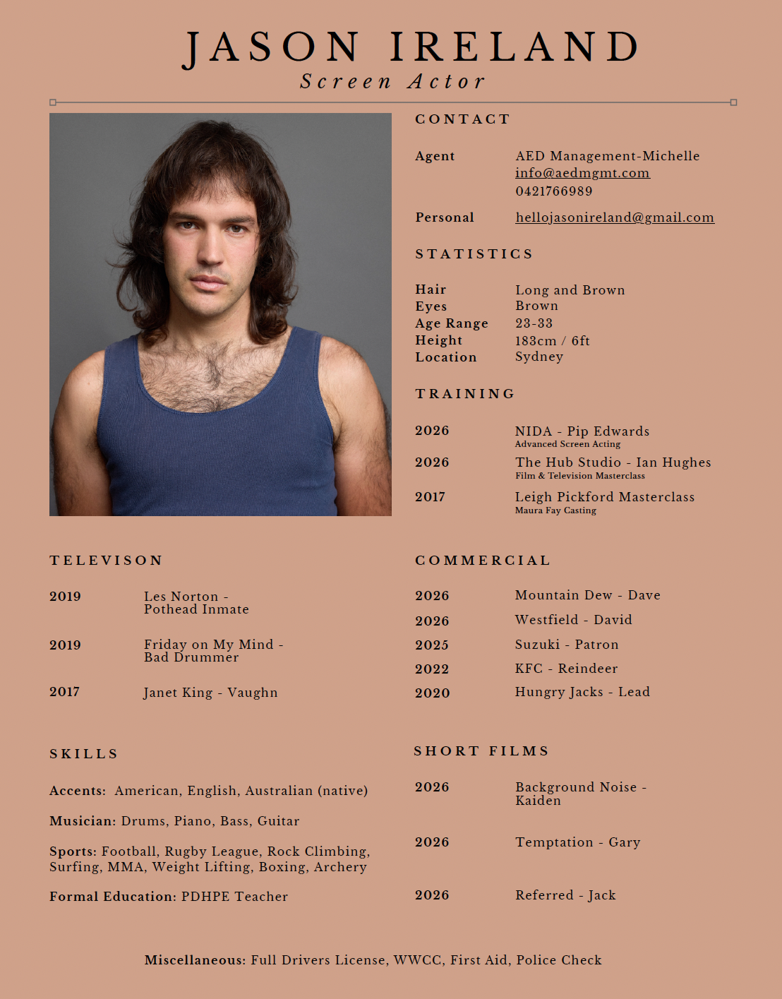 A resume for Jason Ireland, a screen actor, featuring a headshot of a man with long brown hair wearing a blue tank top. The resume includes contact information, statistics, training, television and commercial work, skills, short films, and miscellaneous notes.