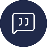 Speech bubble icon with quotation marks inside, on a dark blue circular background.