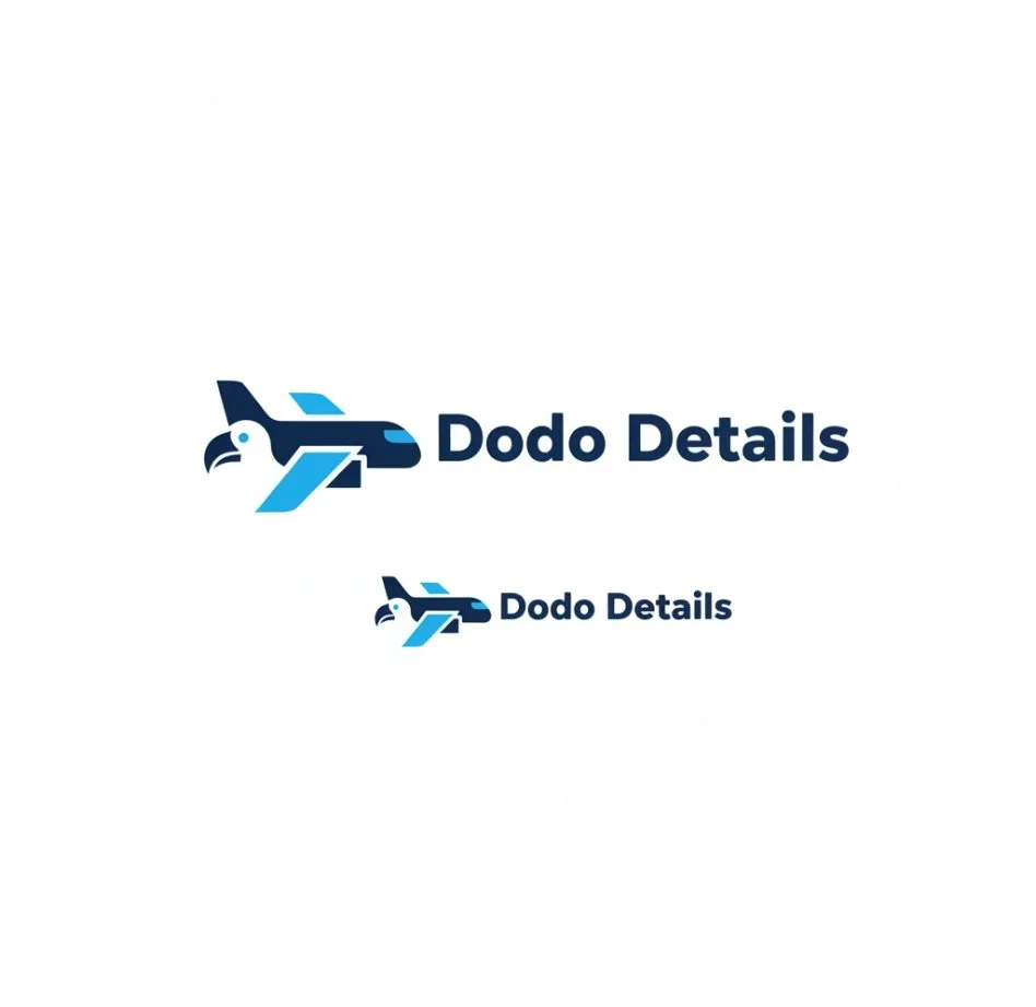 Logo with a stylized airplane with a dodo bird head, alongside the text "Dodo Details" in bold font, displayed in two sizes.