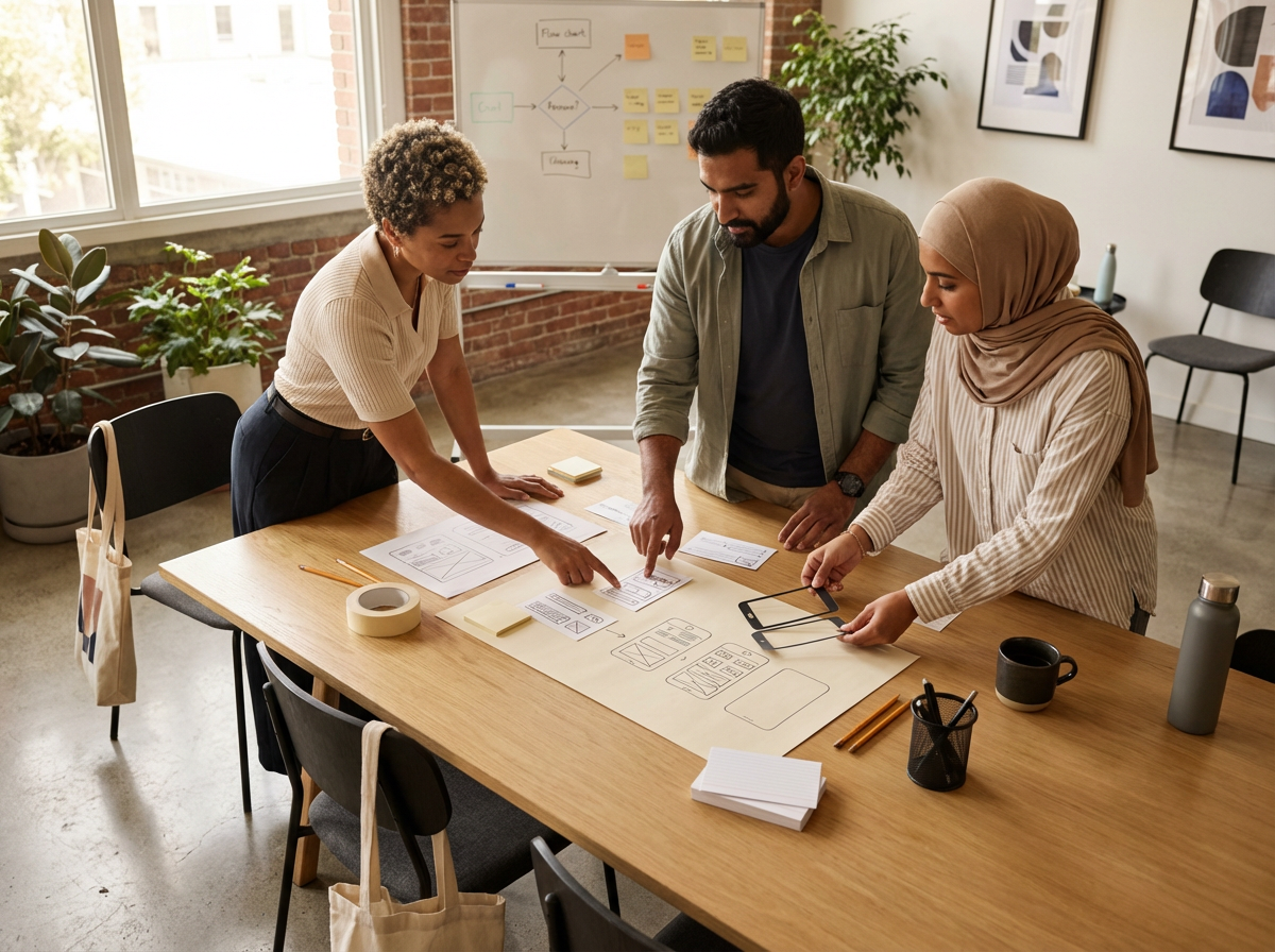 Three people working together on a design project at a wooden table in a well-lit room with large windows, potted plants, and framed artwork. They are reviewing sketches and wireframes for a mobile app or website.