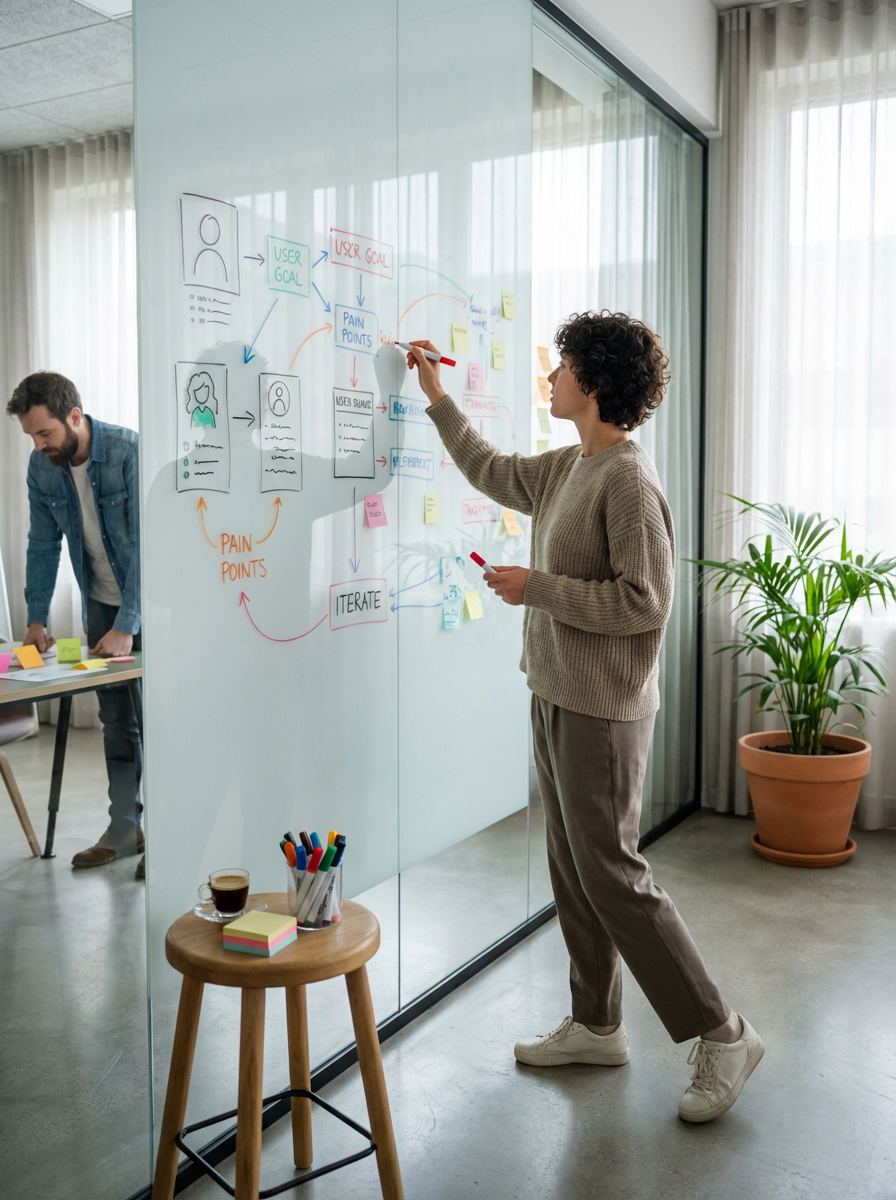 A woman writing on a glass whiteboard filled with flowchart notes, with a man working at a table nearby in a modern office.