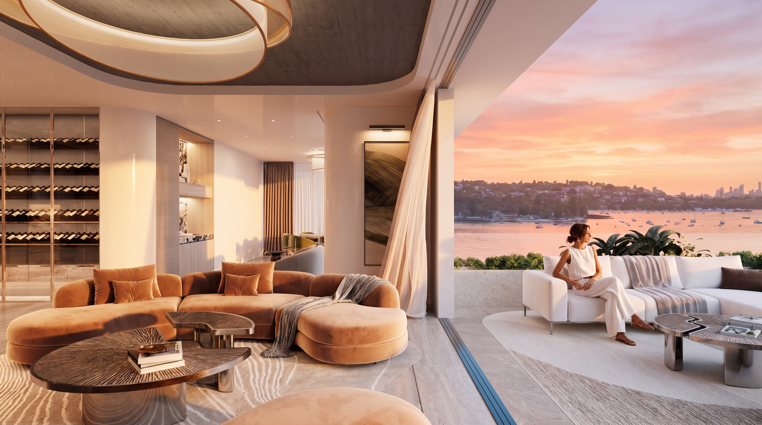 Modern living room with large windows showing a river and boats at sunset, featuring a beige sectional sofa, white sofa, and stylish furniture.