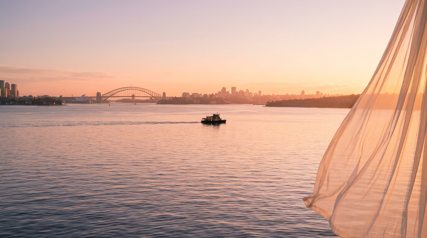 Sunset view over a river with a boat in the water, city skyline in the distance, and sheer curtains on the right side of the image.