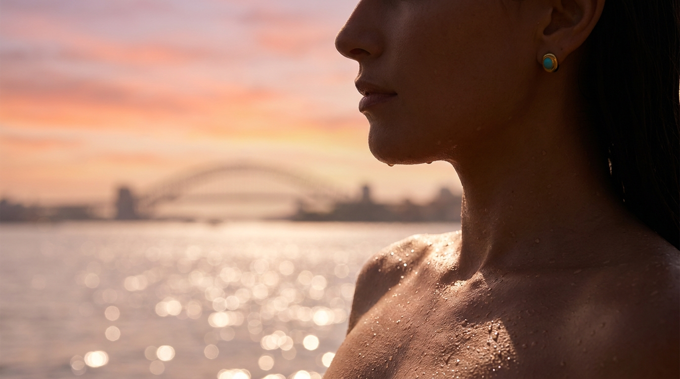 Close-up profile of a woman with water droplets on her shoulder and neck, wearing blue earrings, with a blurred bridge and sunset in the background.