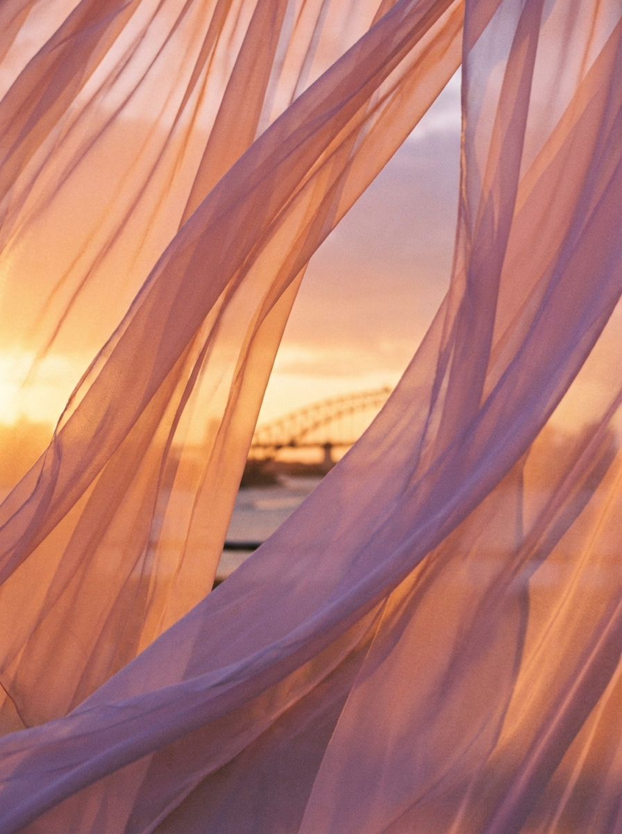 Flowing sheer fabric curtains with a sunset and bridge in the background.
