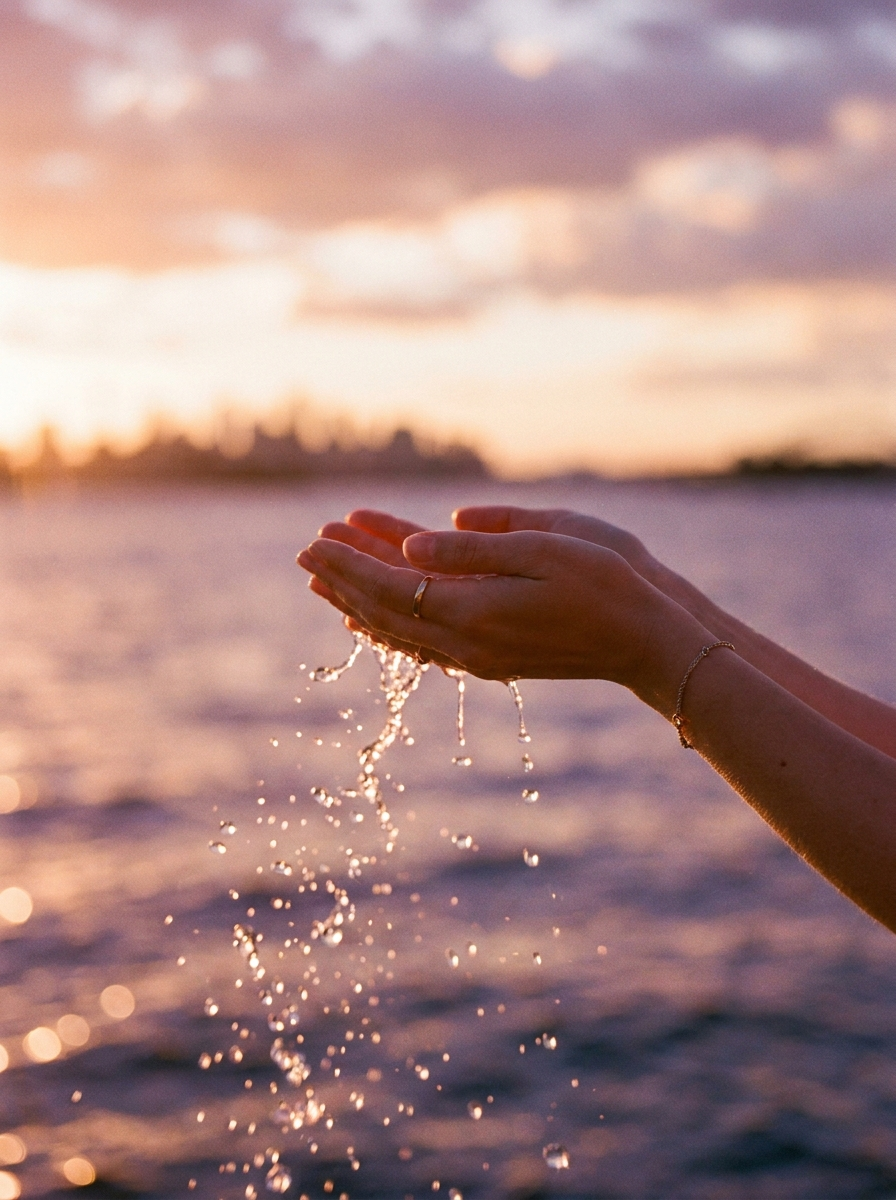 A person’s hands holding water droplets over a body of water at sunset.