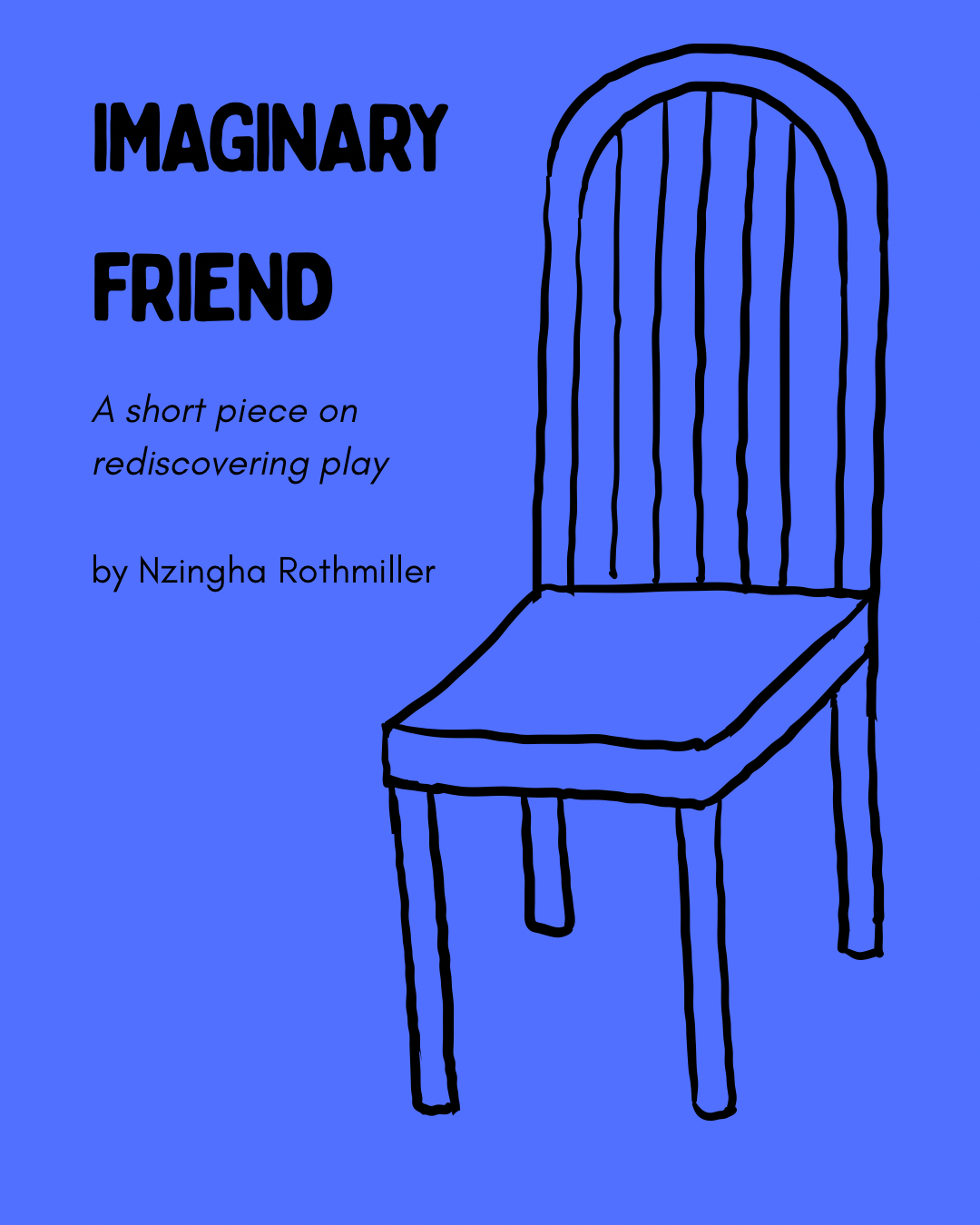 Cover of a book titled "Imaginary Friend" with a simple, black line drawing of a chair on a blue background.