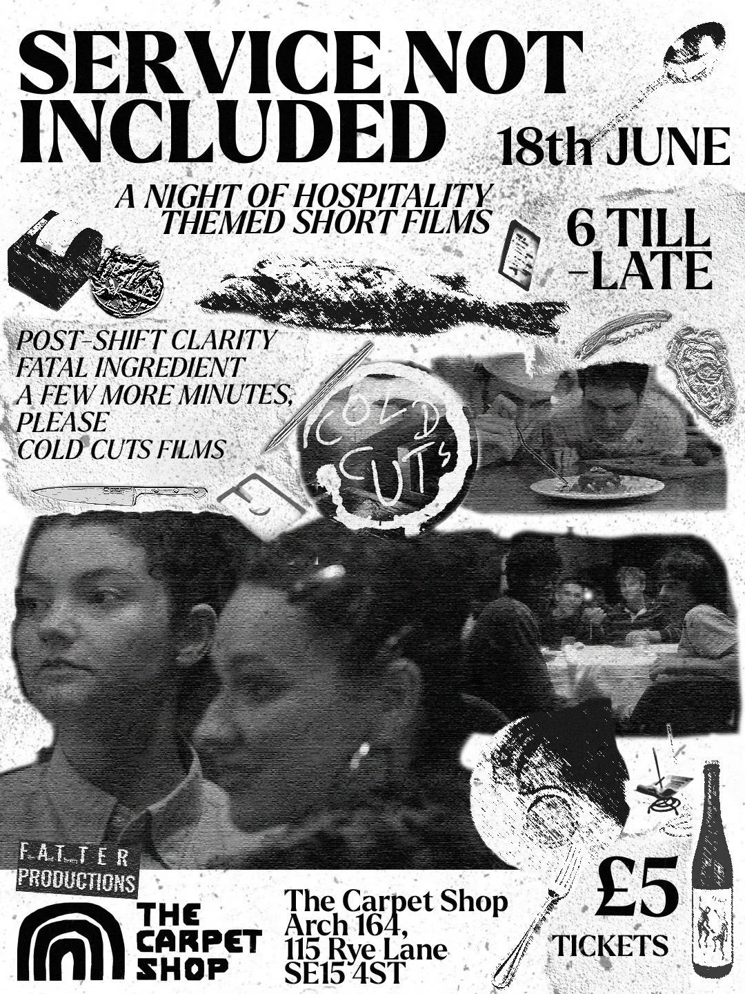 Black and white poster advertising a night of hospitality-themed short films on June 18th, from 6 PM till late, at The Carpet Shop, featuring images of people, film-related objects, and text about the event.