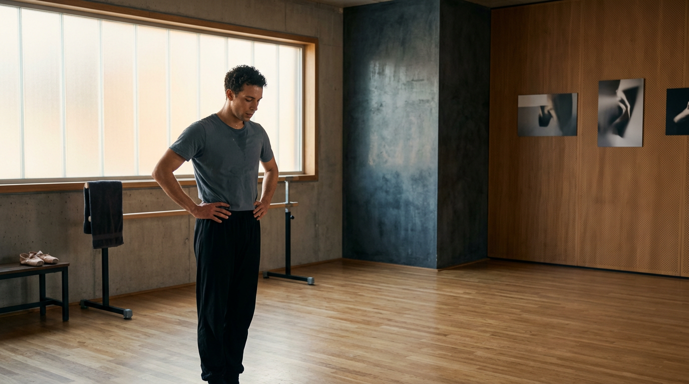 A man stands alone with his hands on his hips in a dance or yoga studio, looking down, with a large window behind him, and a few pieces of artwork on the wall to the right.