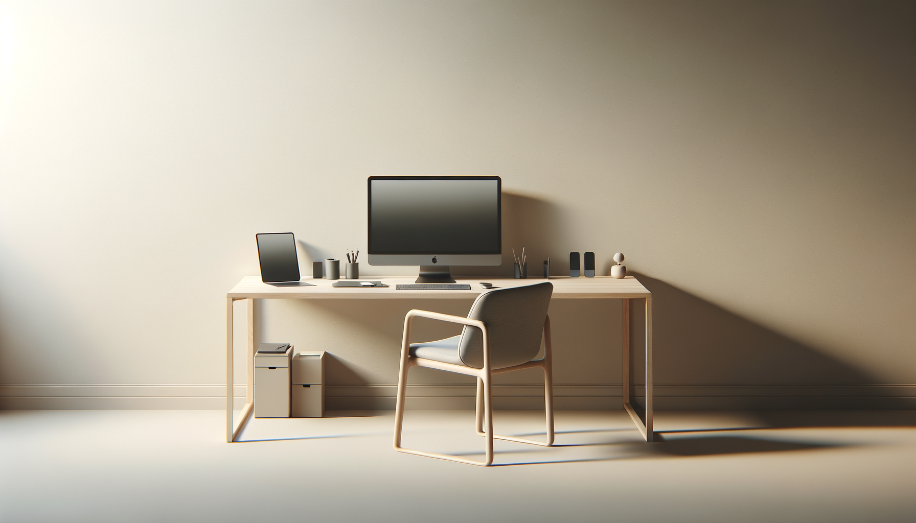 Minimalist workspace with a light wooden desk, a desktop computer, a tablet, two bottles, a notepad, pens, and small decorative items, against a plain beige wall.