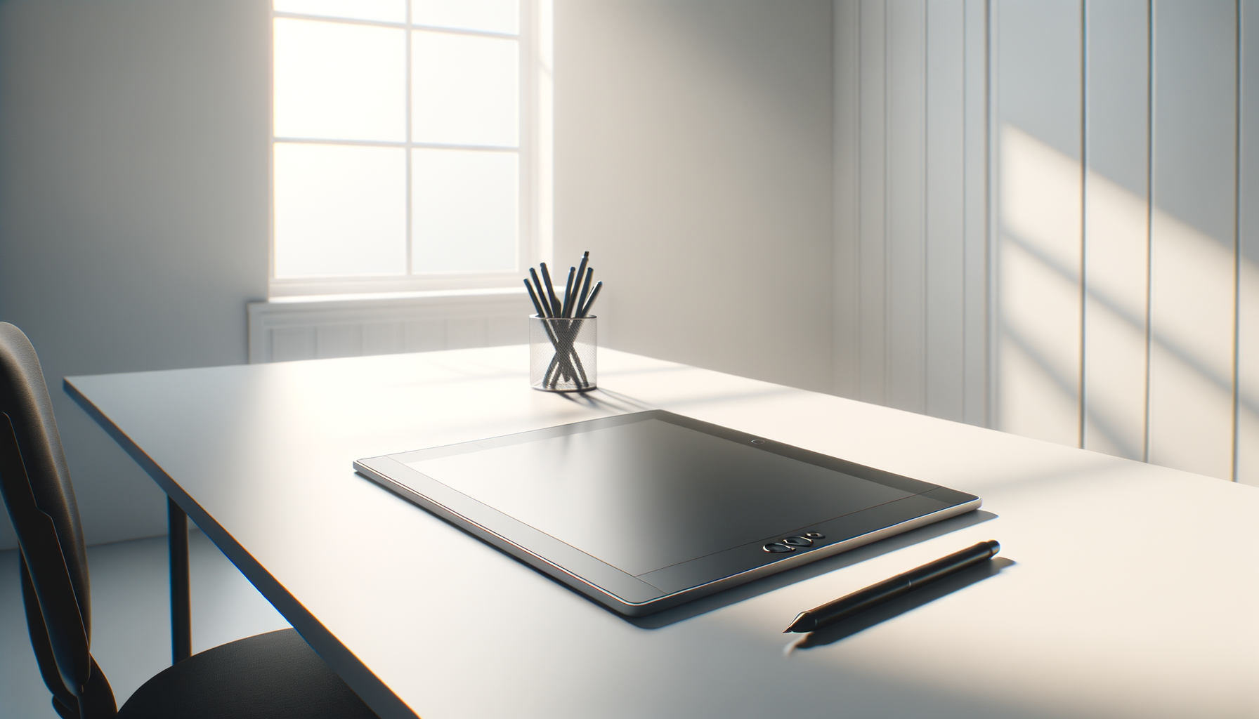 A white desk with a closed tablet and a stylus, a black pen, and a container with black pencils, in a bright room with a large window and white walls.