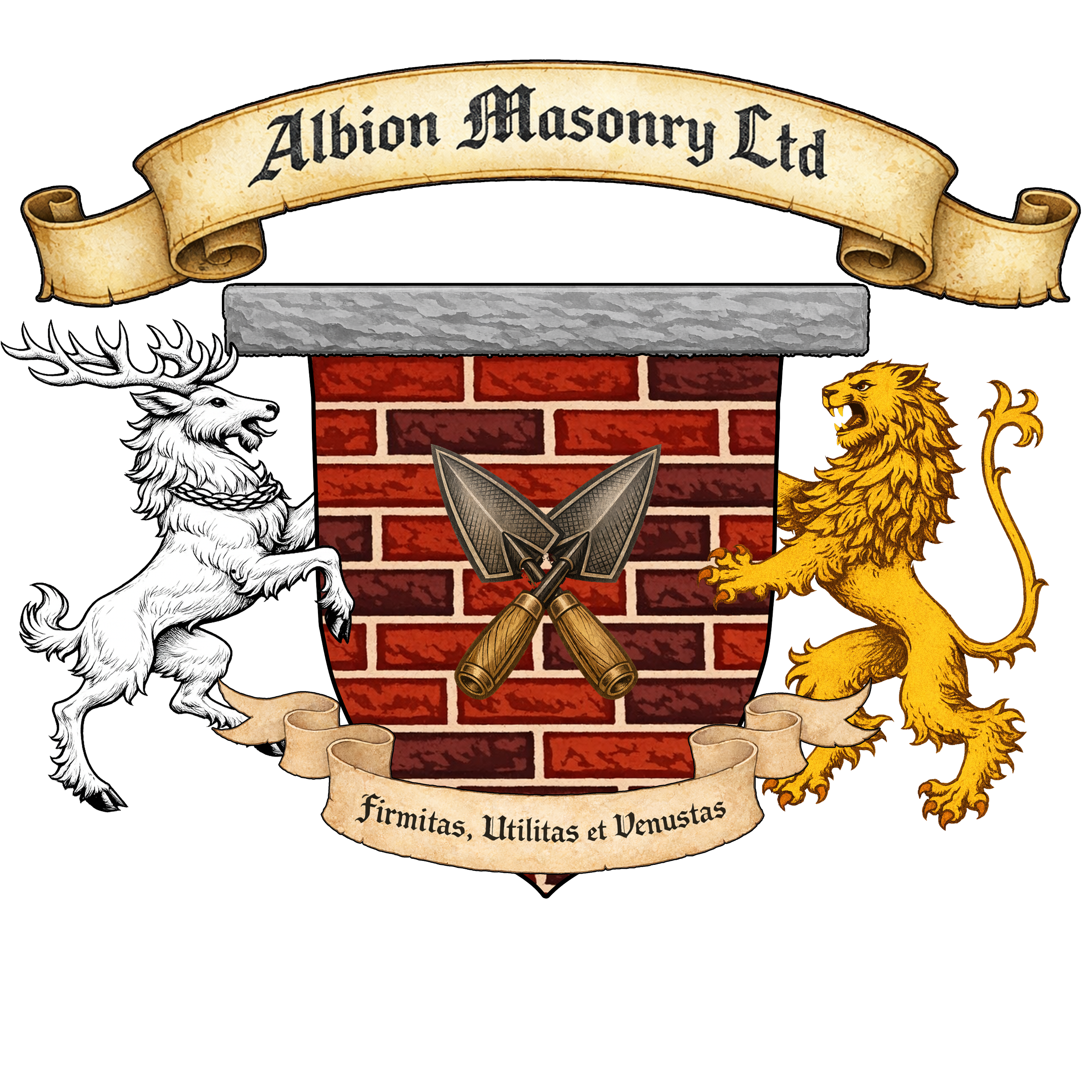 A heraldic crest featuring a white stag on the left and a golden lion on the right, a central shield with crossed trowels showing h, and a banner at the top reading 'Albion Masonry Ltd' with text at the bottom saying 'Firmitas, Utilitas et Venustas'.