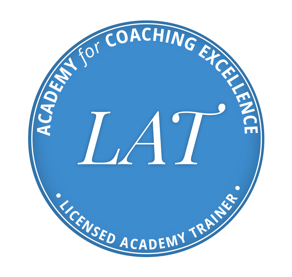 A round blue badge with the words, "Academy for Coaching Excellence Licensed Academy Trainer."