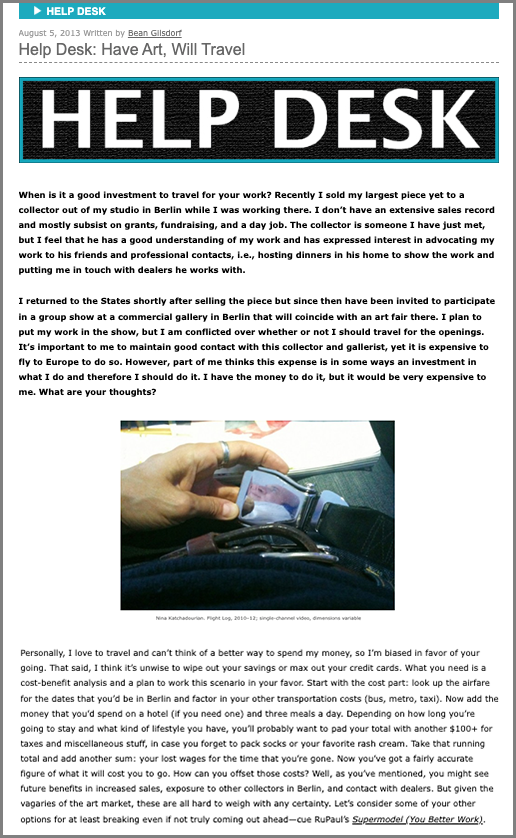 A screenshot of the "Help Desk" arts-advice column.