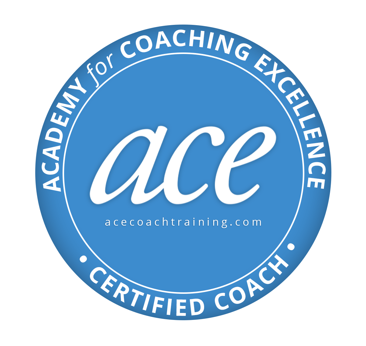 A round blue badge with the words, "Academy for Coaching Excellence Certified Coach."