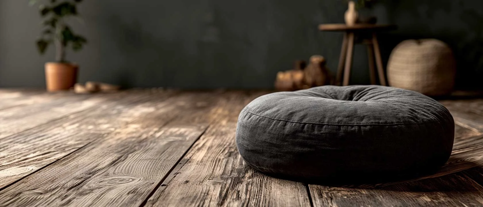 A dark gray round floor cushion placed on a rustic wooden floor in a cozy interior with plants, wooden furniture, and woven baskets.
