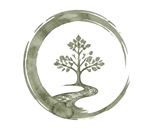 A black and white illustration of a tree with a winding path leading to it, encircled by a circular border.
