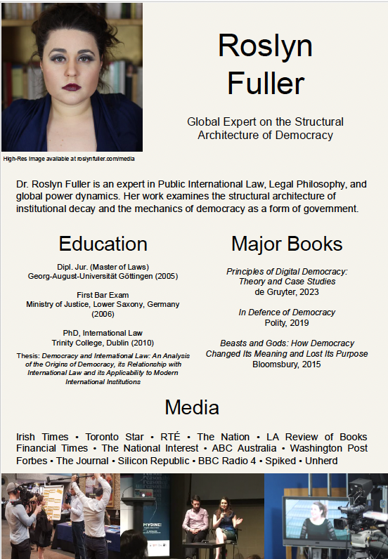 Roslyn Fuller author profile featuring her portrait, biography, education, books, media appearances, and publications.