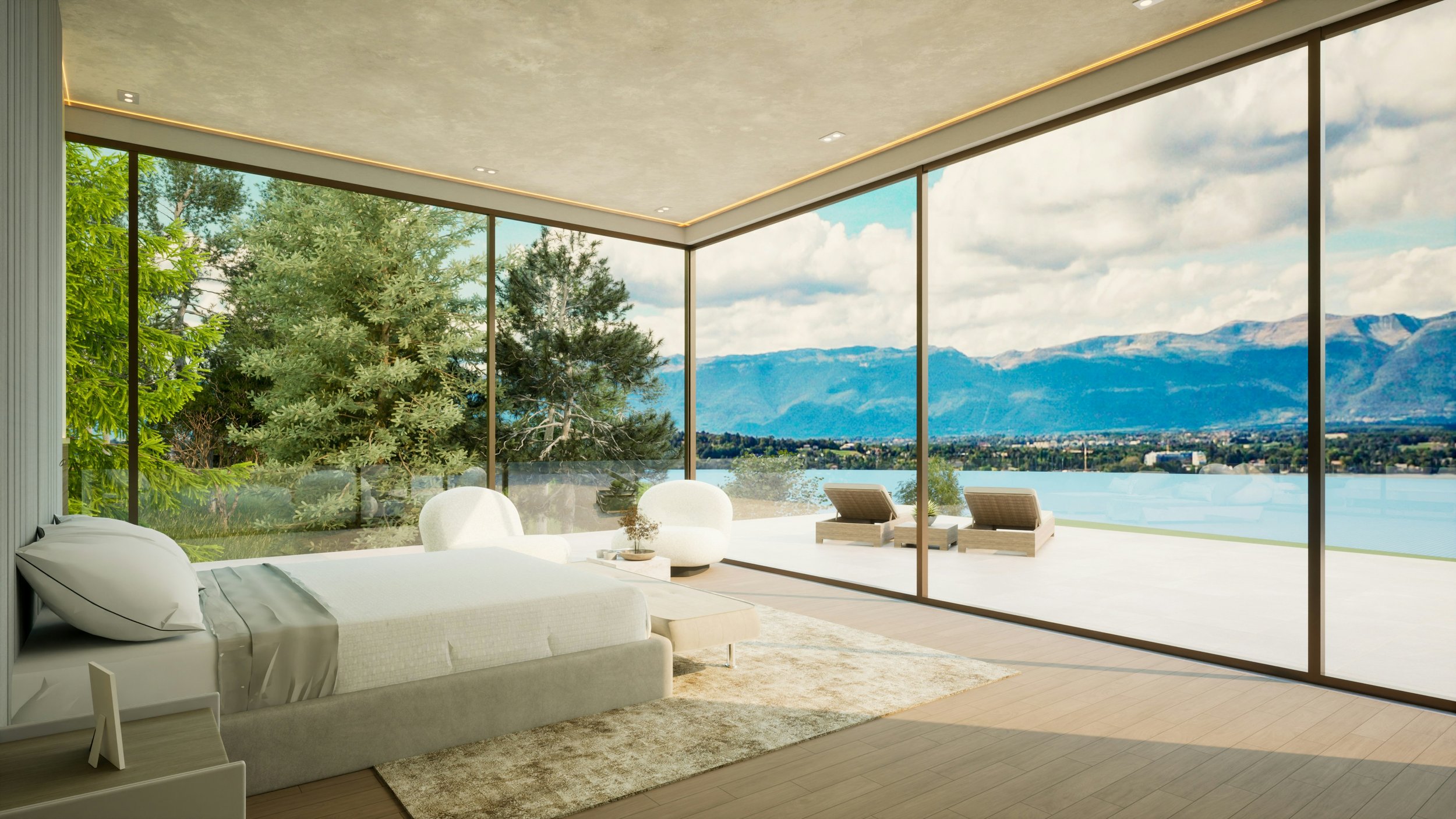 Modern bedroom with large floor-to-ceiling windows overlooking a scenic landscape with mountains, trees, and a body of water. The room has a white bed, white chairs, and two lounge chairs on the balcony. The ceiling has recessed lighting and a minimalistic design.