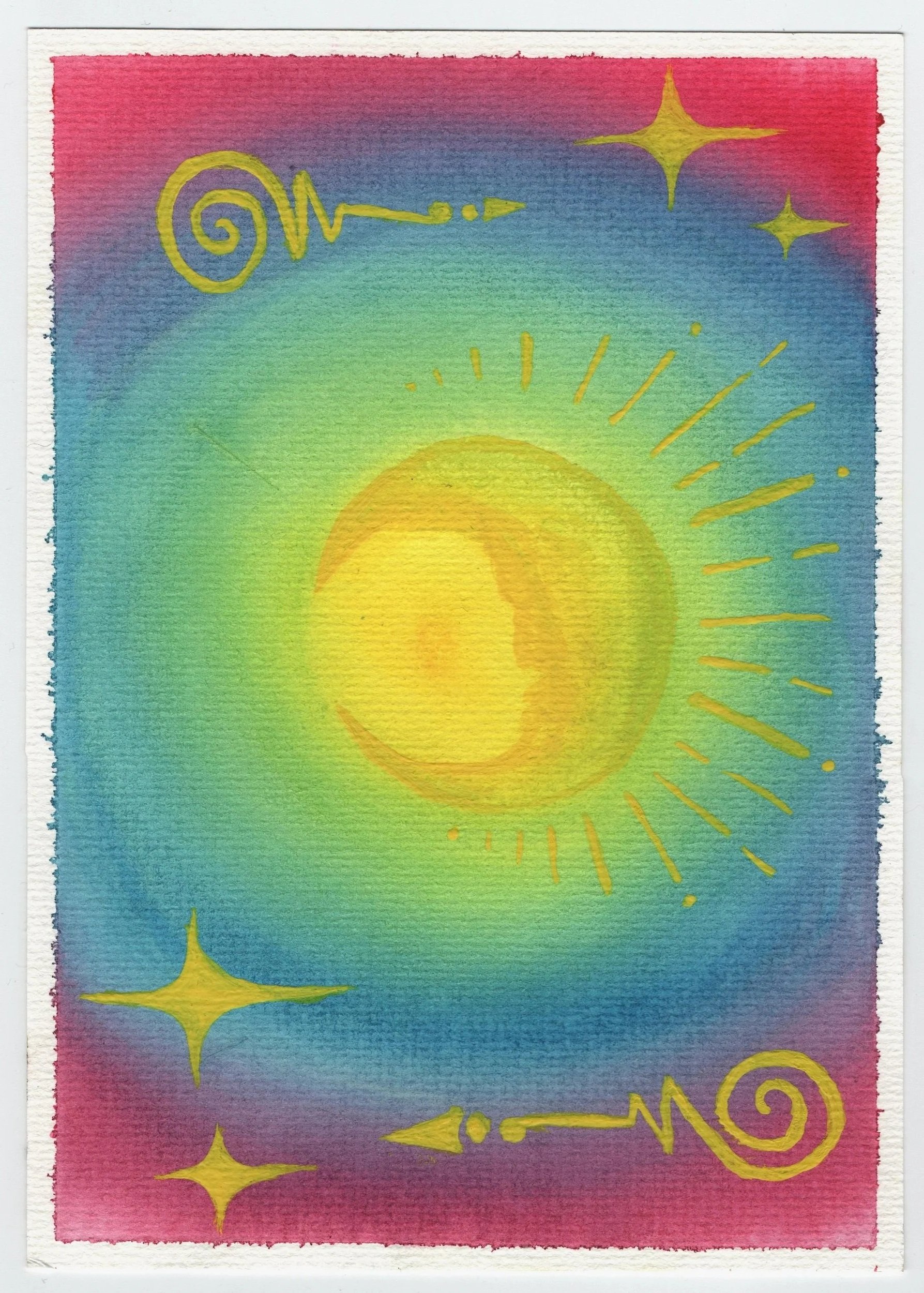 A colorful watercolor painting of a sunrise with yellow rays and stars on a gradient background of red, pink, purple, blue, green, and yellow.