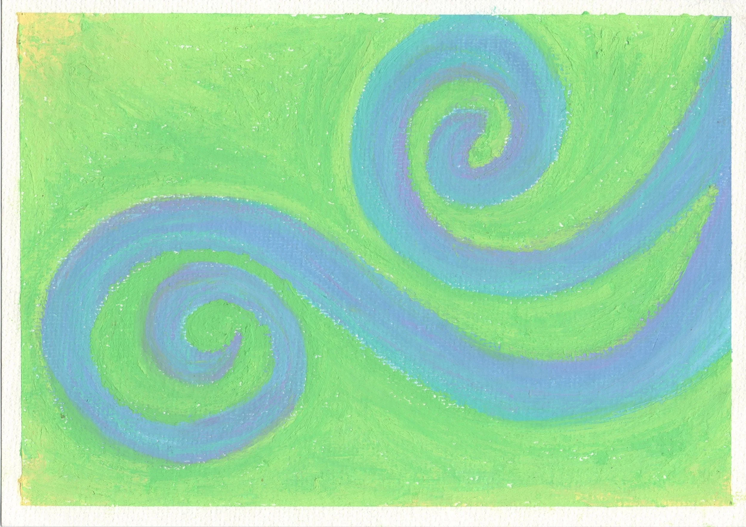 An abstract painting with green background and blue swirling patterns.