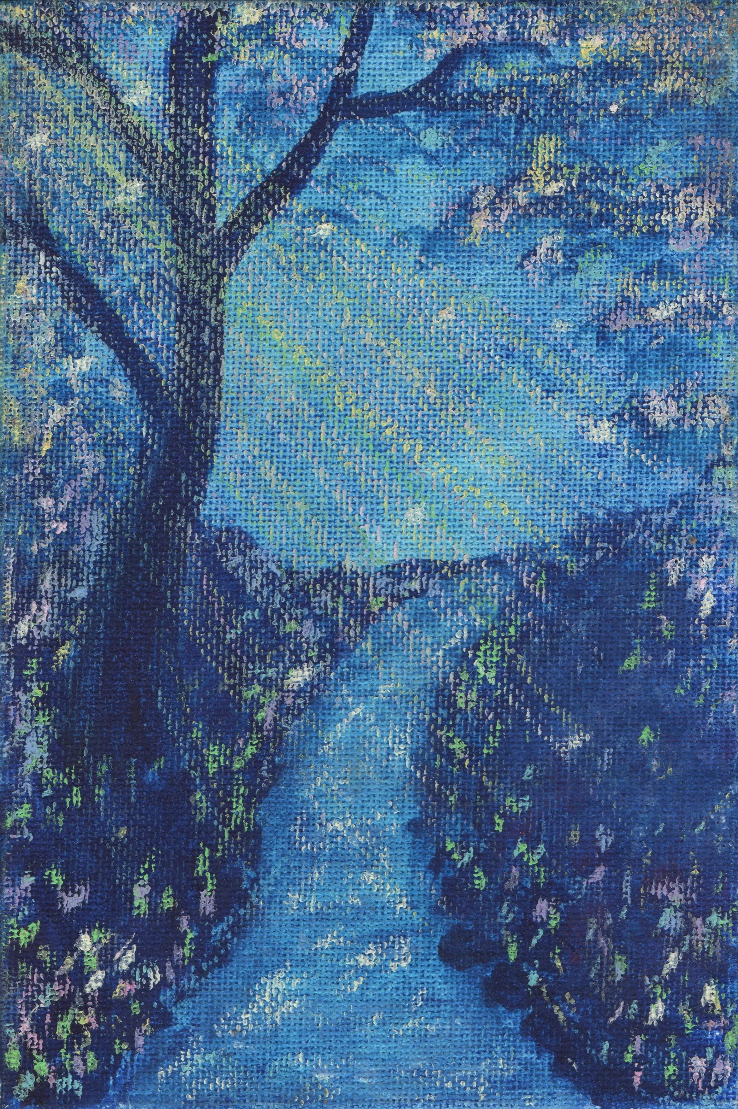 A digital or painted portrait of a woman with her hand on her chin, featuring a textured and vibrant blue background with various shades of blue and purple.