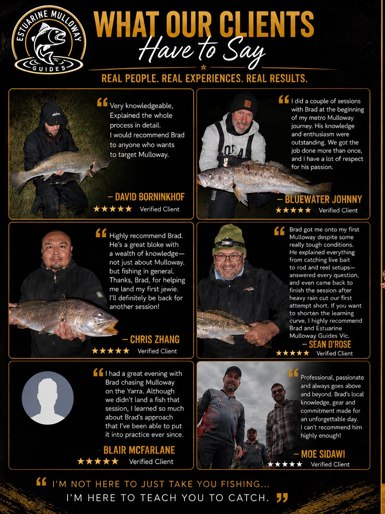 A promotional poster displaying client testimonials for Estuarine Mulloway Guides, featuring photos of clients holding fish, along with their quotes and ratings.