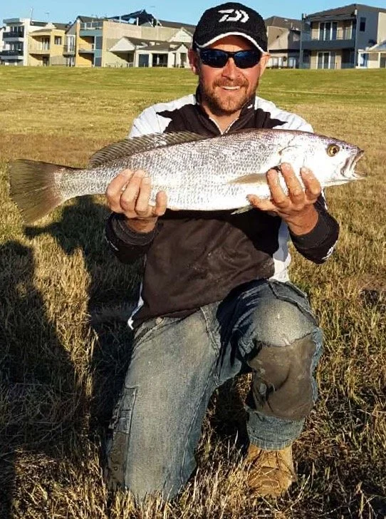 Man kneeling on grass holding a large fish with both hands, wearing sunglasses, a black baseball cap, and outdoor clothing, with residential buildings in the background.