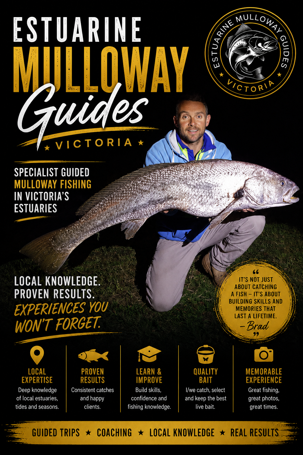 A man kneeling on the ground holding a large fish in front of a black background with yellow and white text. The text promotes Estuarine Mulloway Guides for fishing in Victoria, highlighting local expertise, proven results, and memorable experiences.