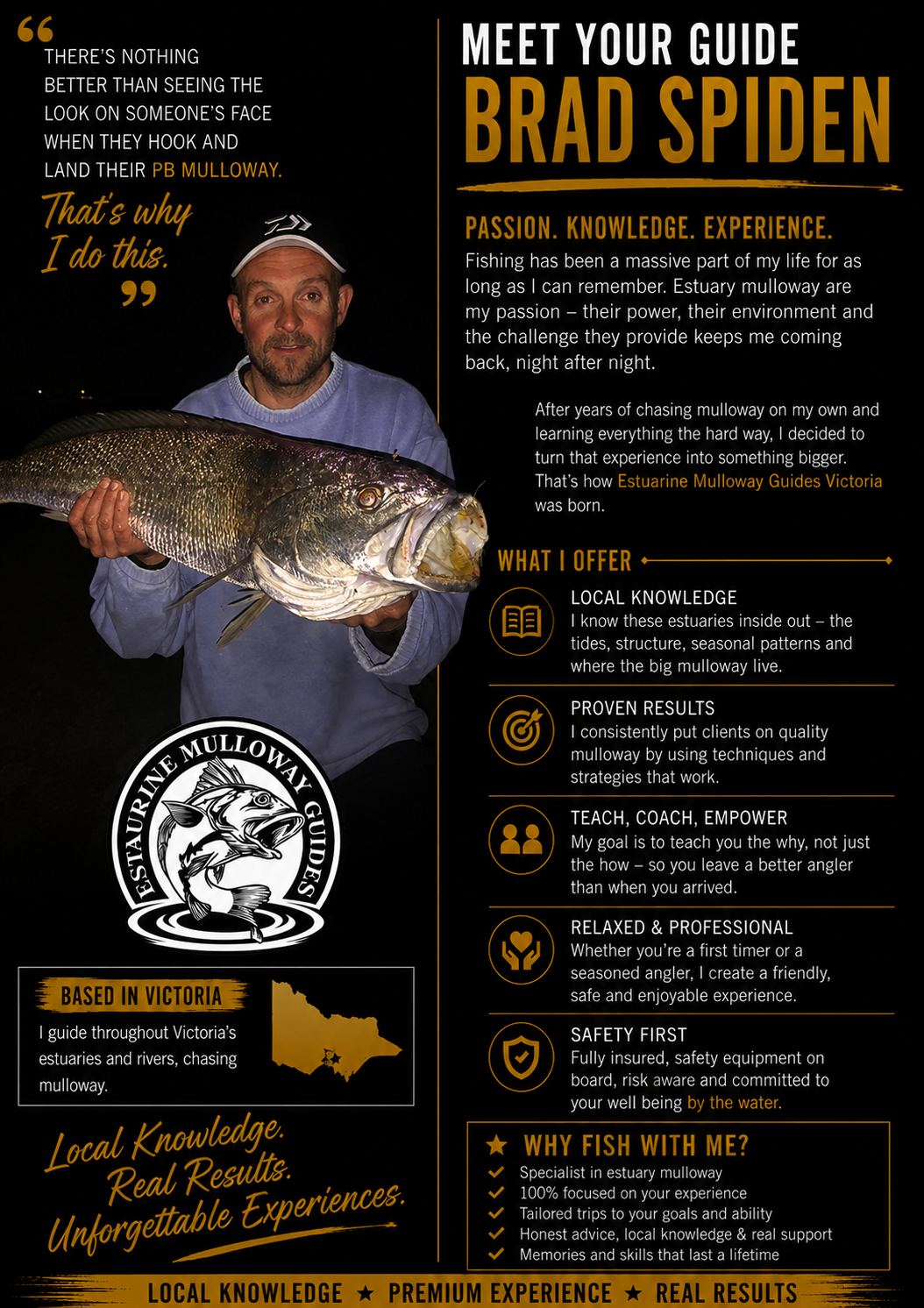 Poster introducing Brad Spiden, a guide specializing in estuary mulloway fishing in Victoria. Features a photo of Brad holding a large fish, and highlights his passion, local knowledge, proven results, and services offered, with emphasis on safety and professional experience.
