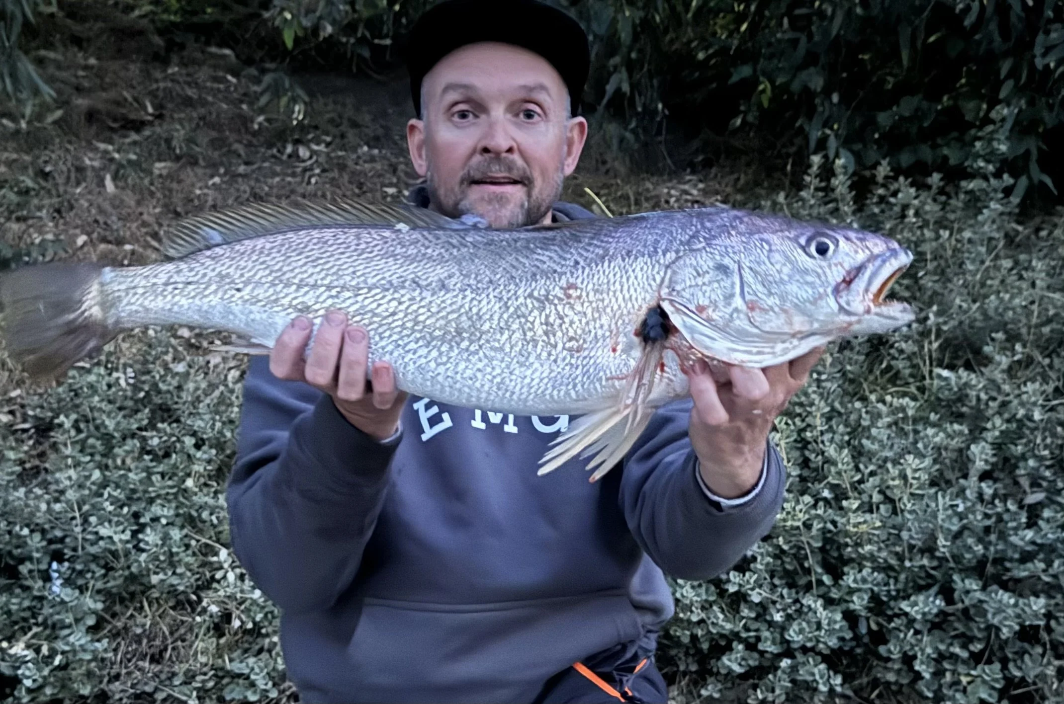 A man holding a large fish outdoors with bushes in the background.