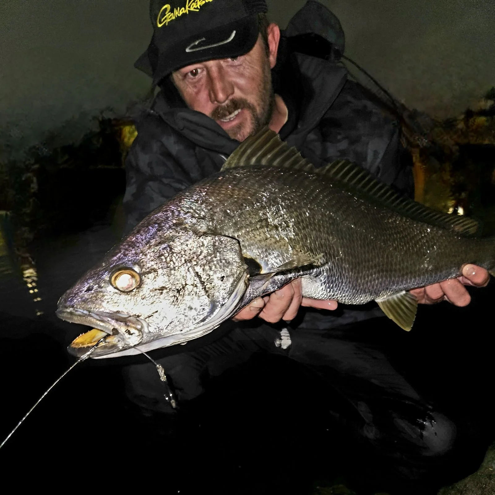 A man holding a large fish, possibly a black drum or similar species, showing off his catch at night, with a dark background and water.