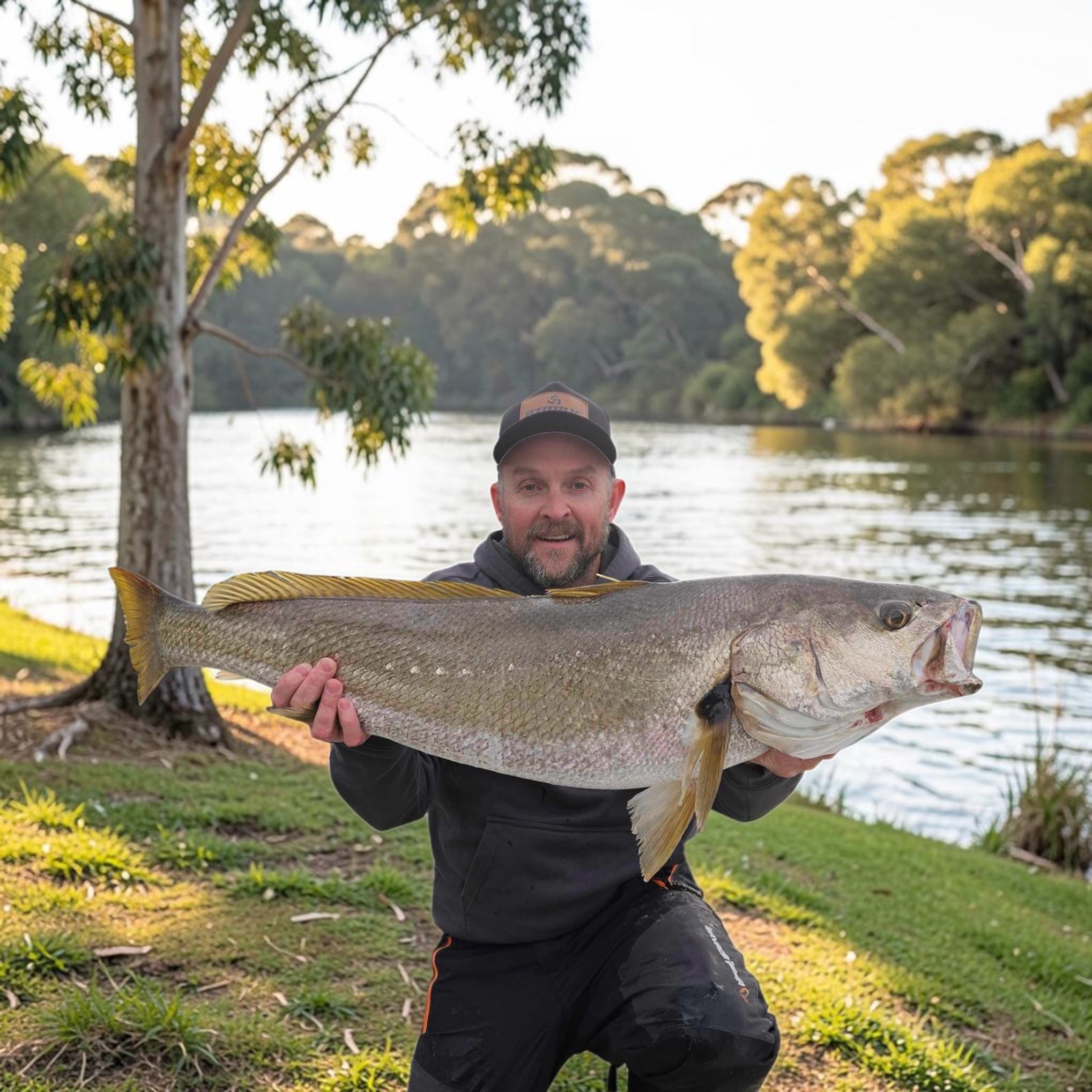 A man kneeling by a river holding a large fish with a grayish body and yellow fins. The man is wearing a dark jacket and cap, with trees and water in the background.