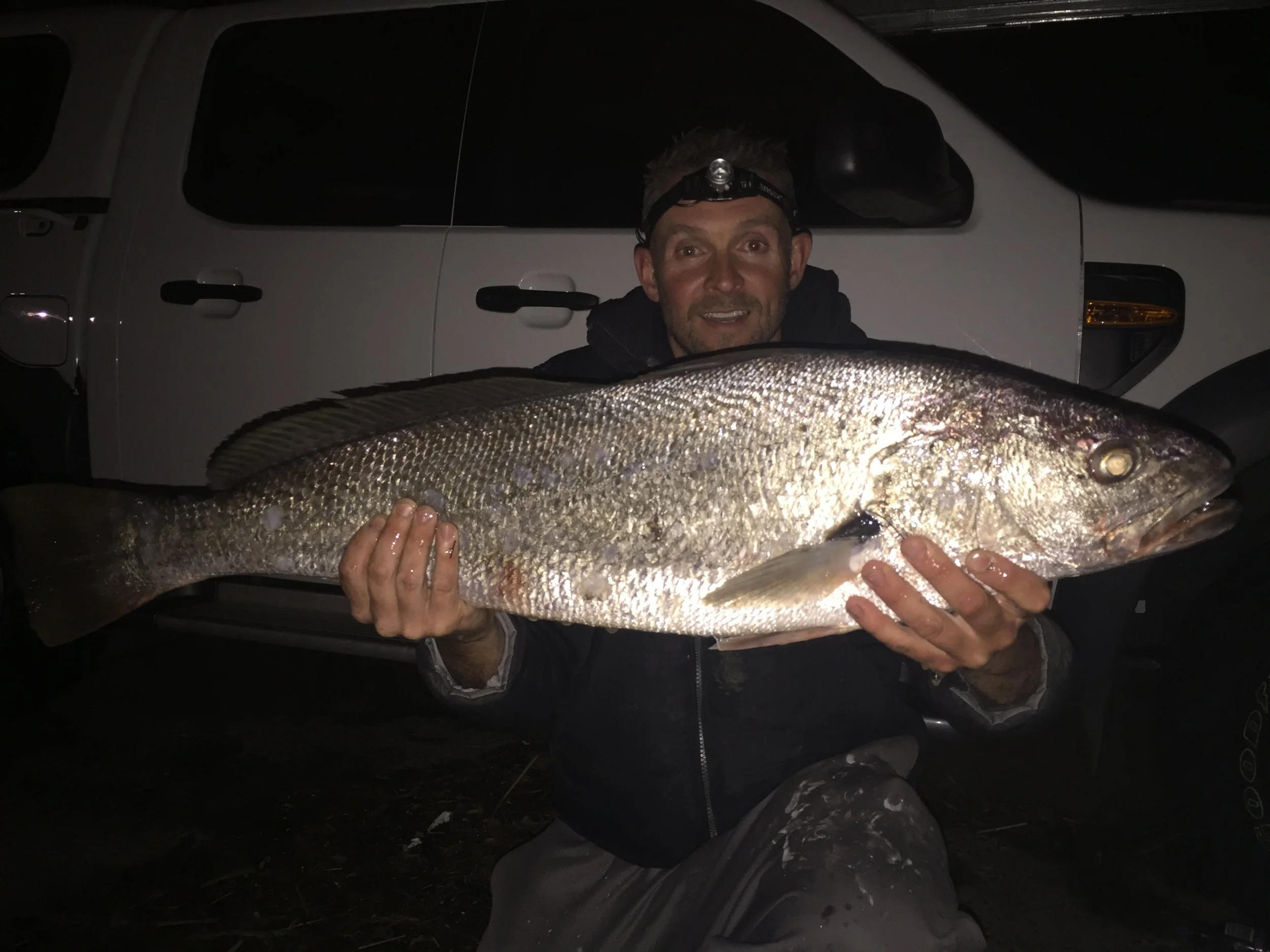 A man wearing a headlamp and jacket holding a large fish during nighttime, standing in front of a white vehicle.