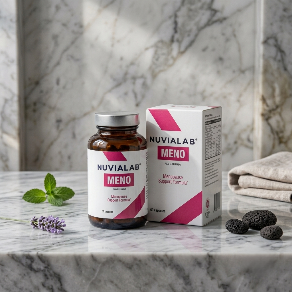 A bottle and box of Nuvialab Meno, a menopause support supplement, on a marble countertop with mint leaves, lavender sprig, charcoal stones, and a cloth nearby.