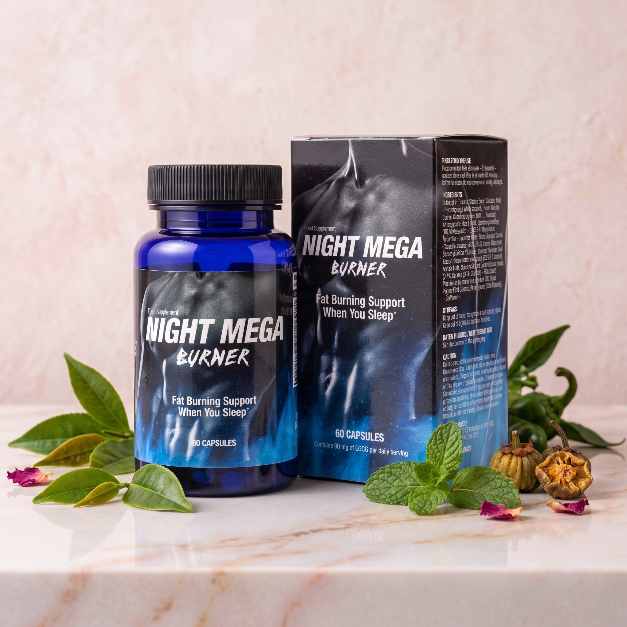 A blue bottle and a black box labeled 'Night Mega Burner' surrounded by green leaves, small pink flower petals, and a cluster of brown nuts on a white surface with a pink marble background.