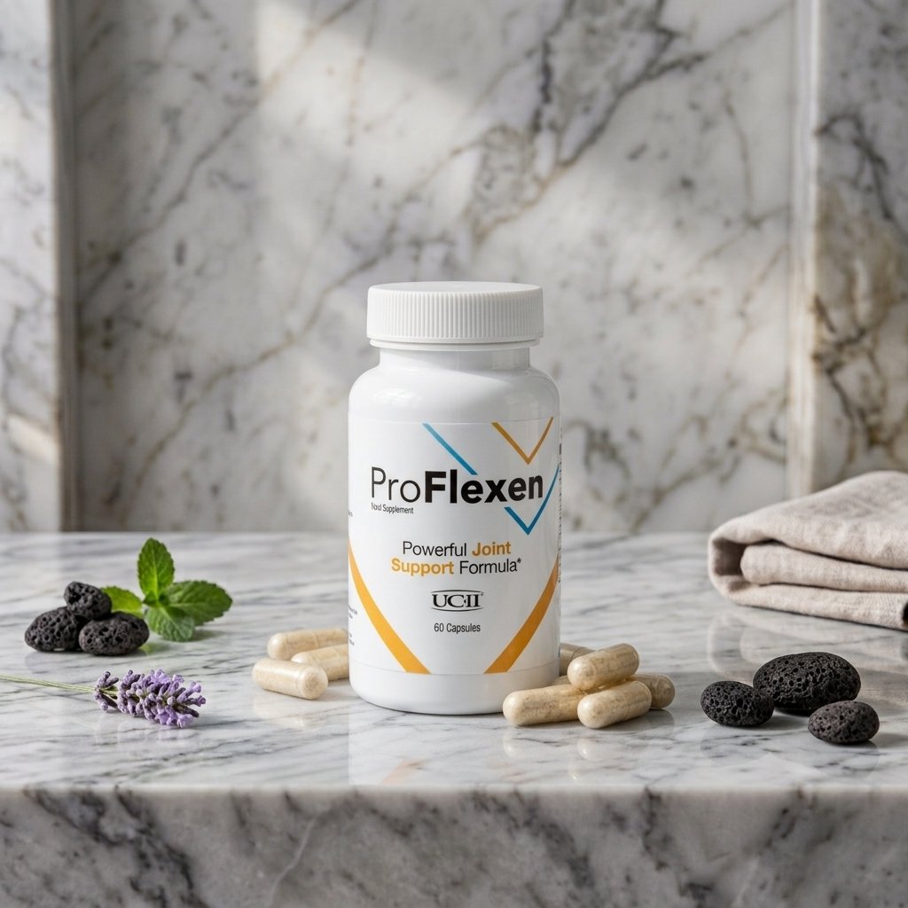 A bottle of ProFlexen joint support capsules on a marble surface, surrounded by black volcanic stones, green mint leaves, lavender, and beige capsules, with folded cloth in the background.